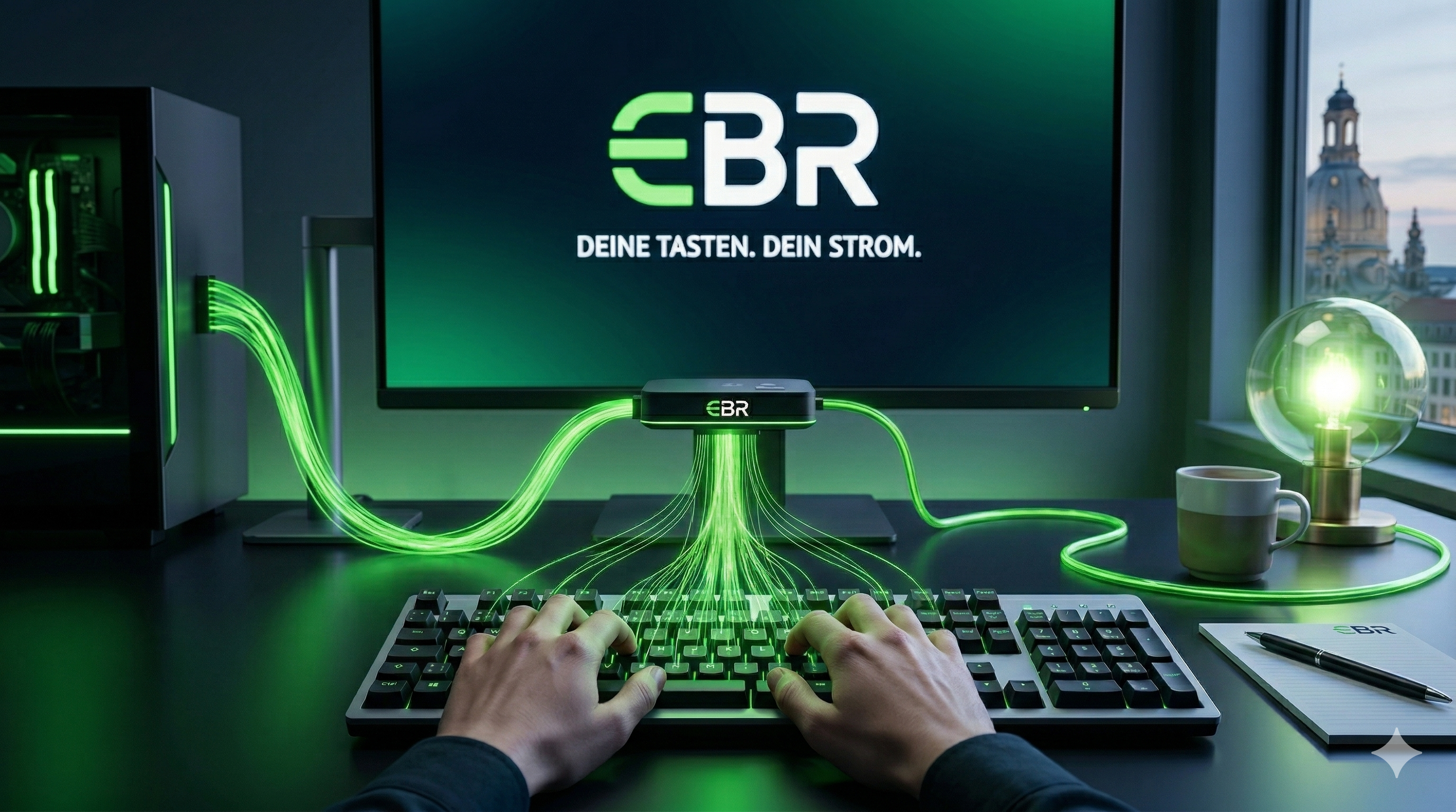 EBR Key Visual mit Tastatur, Monitor und leuchtenden Energieflüssen